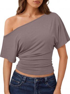 Women's Rose Taupe Rayon Blend Short Sleeve One Shoulder Neck Henley Shirts
